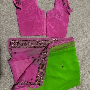 Pink and Green Embellished Saree Set
